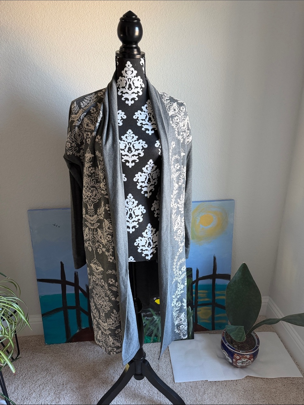 Soft Surroundings Gray Cardigan with White Damask Pattern
